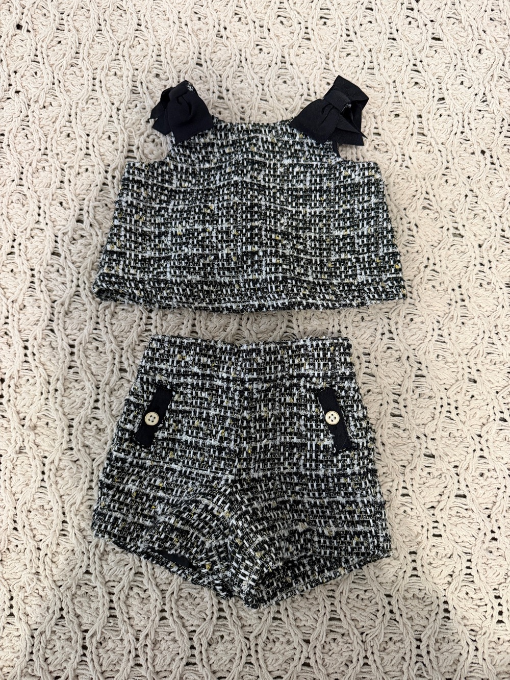 Janie and Jack Black & White Tweed Two-Piece Shorts Set with Bow Straps